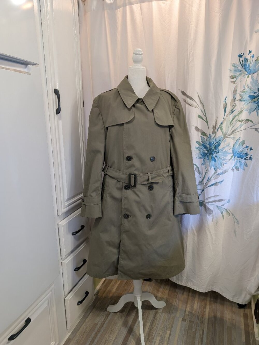 Vintage US Military All Weather Trench Raincoat w/ Belt Pewter Green 46 Short